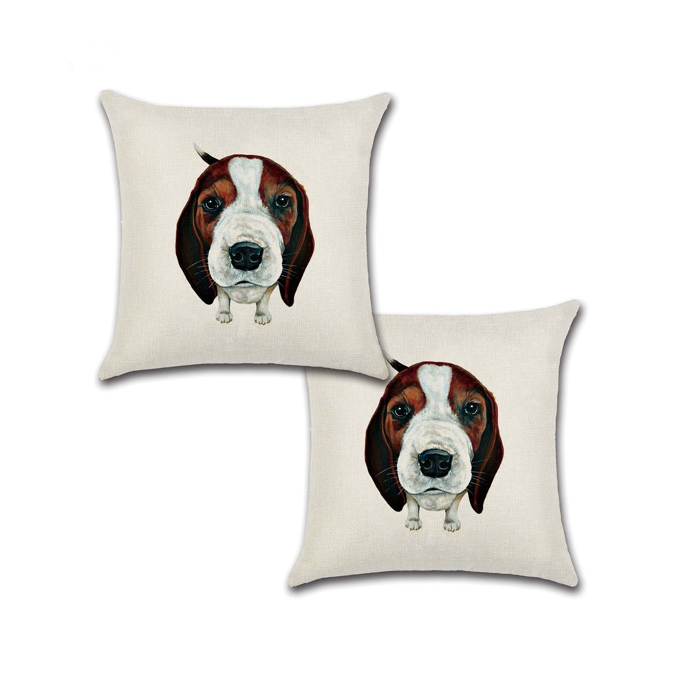 Set of 2 Pillow Covers 18x18, Cute Beagle Dog Design Cotton Linen