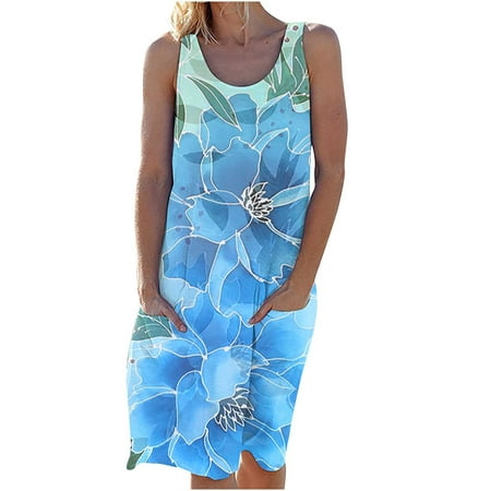 

Juebong Women s Sleeveless Round Neck Pocket Print Dress Oversize Baggy T Shirt Causal Loose Party Short Midi Dresses With Pockets