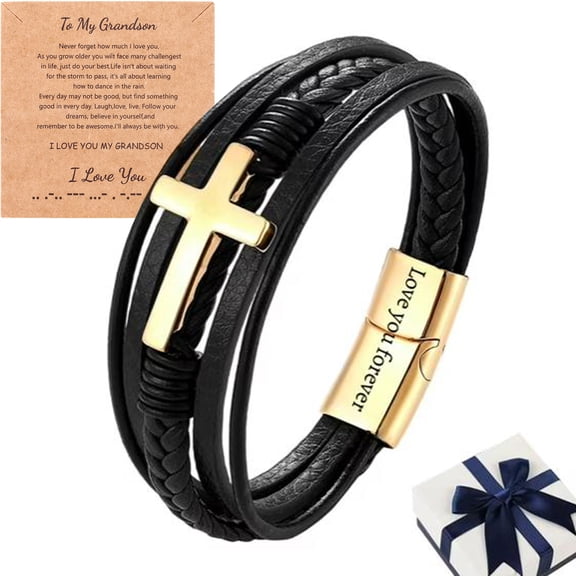 To My Grandson Bracelet from Grandma,To My Grandson Cross Leather Bracelet,Grandson's Faith Love You Forever Mens Leather Cross Braided Leather Bracelets Birthday Gift (Gold)
