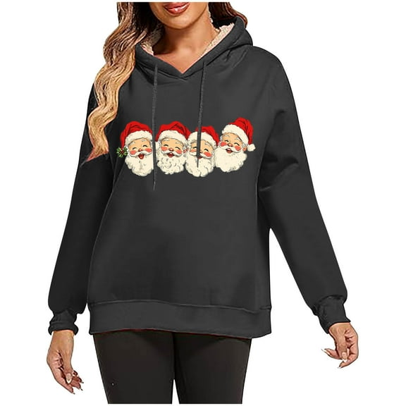 Women's Sherpa Lined Christmas Hoodie: Fuzzy Santa Graphic Pullover - Long Sleeve Festive Fleece Sweatshirt w/ Drawstring Cozy Holiday Lounge Wear
