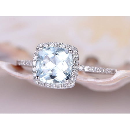 7mm Cushion Cut Aquamarine Engagement Ring 14k White Gold Ring Diamond Wedding Band Diamond Halo Gemstone Bridal Ring Anniversary Ring