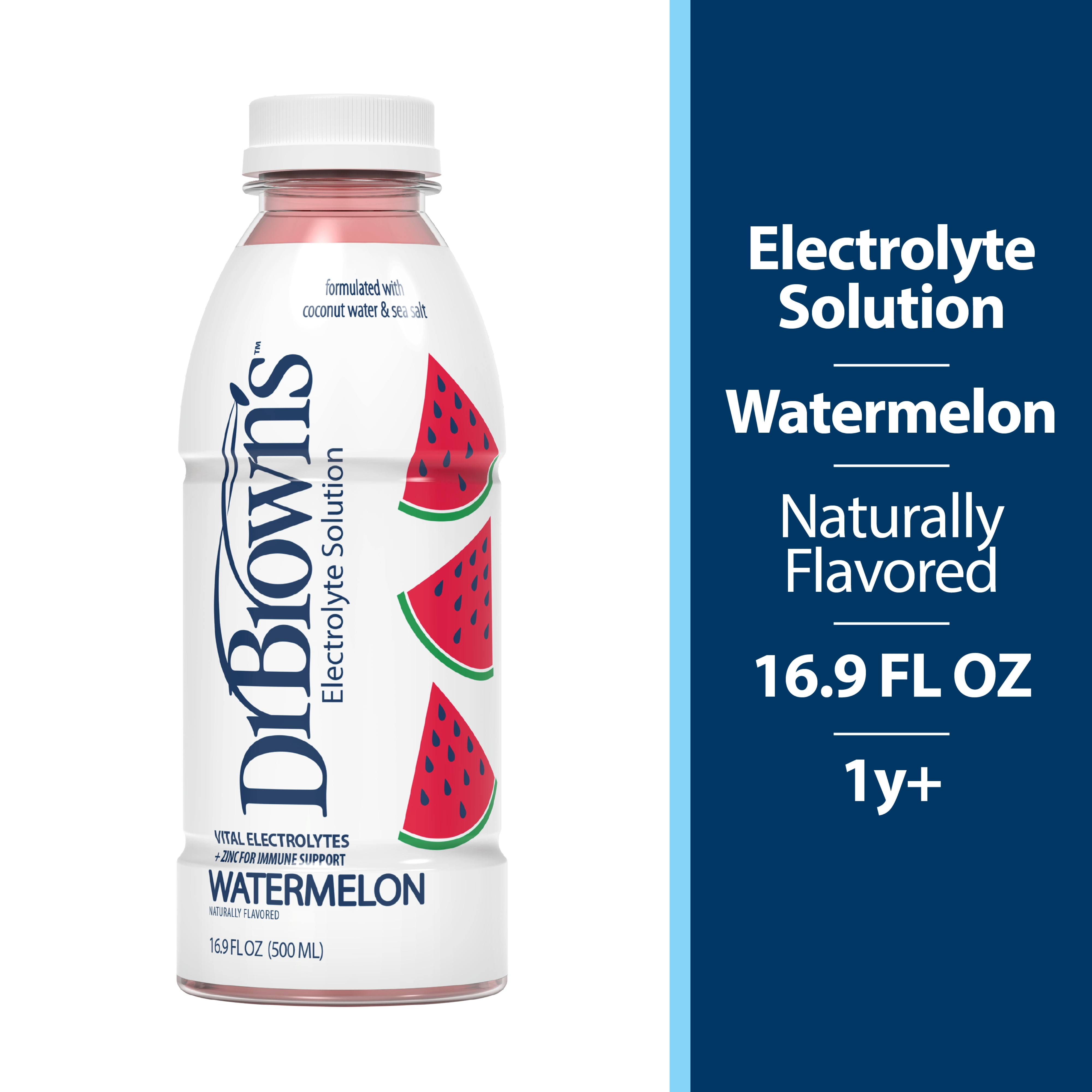(4 pack) Dr. Brown's Electrolyte Solution with Coconut Water and Sea Salt, 16.9 fl oz/500 ml, Watermelon, 1-pack
