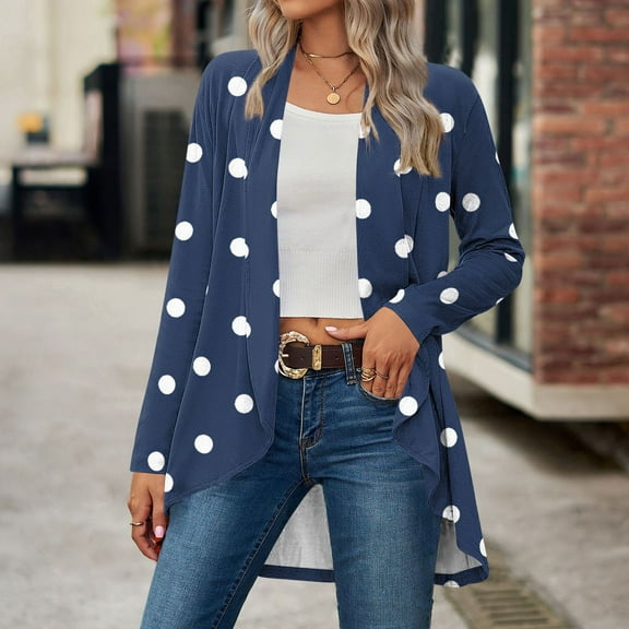 JUSLIO Polka Dot Womens Tops Relaxed Fit Graphic Cardigans Fashion Long sleeve Cardigans Blue 2XL