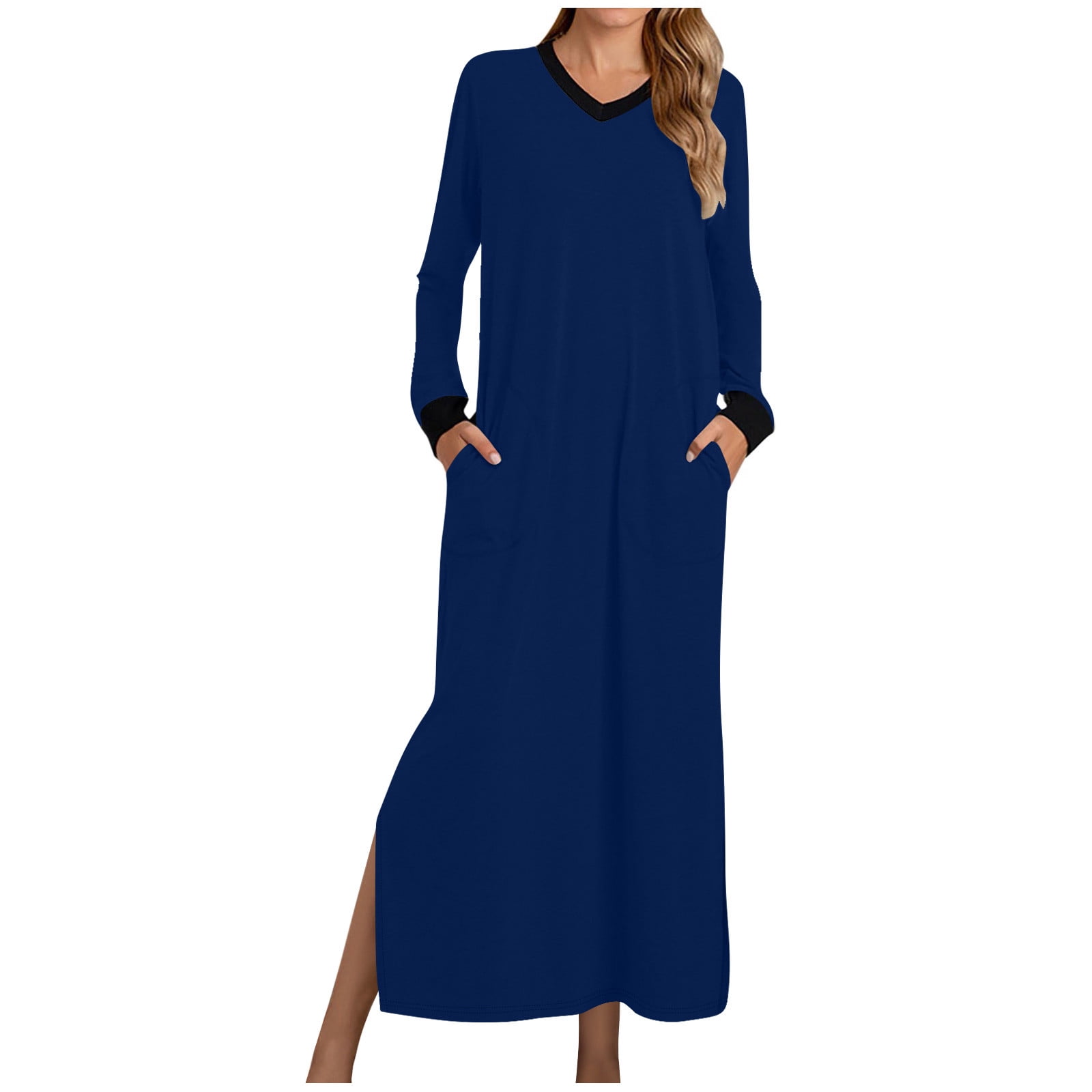 BiZtdJrK Nightgowns for Women Soft Cotton Loose Fit Full Length Pajama Dress Casual V Neck Long Sleeve Side Slit Maxi Dress with Pockets Loungewear Blue XL