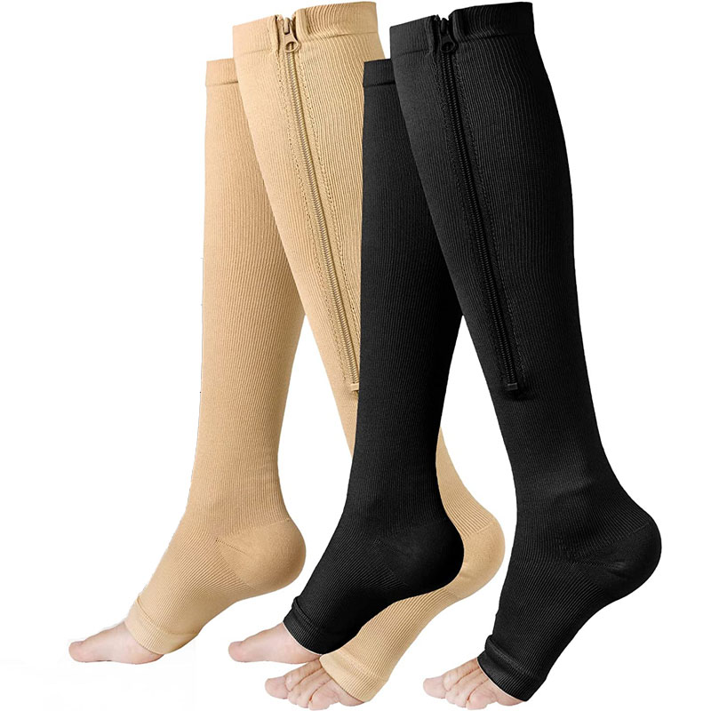 Aosijia Zipper Compression Socks 2 Pairs Calf Knee High Open Toe