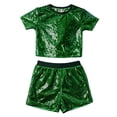 thumbnail image 4 of KVPLBQFD Girls Dance Outfit Shiny Short Sleeve Shorts Set for Kids Sequin Hip Hop Party Wear Teen Fashion Festival Performance Clothes Summer Outfits, 4 of 4
