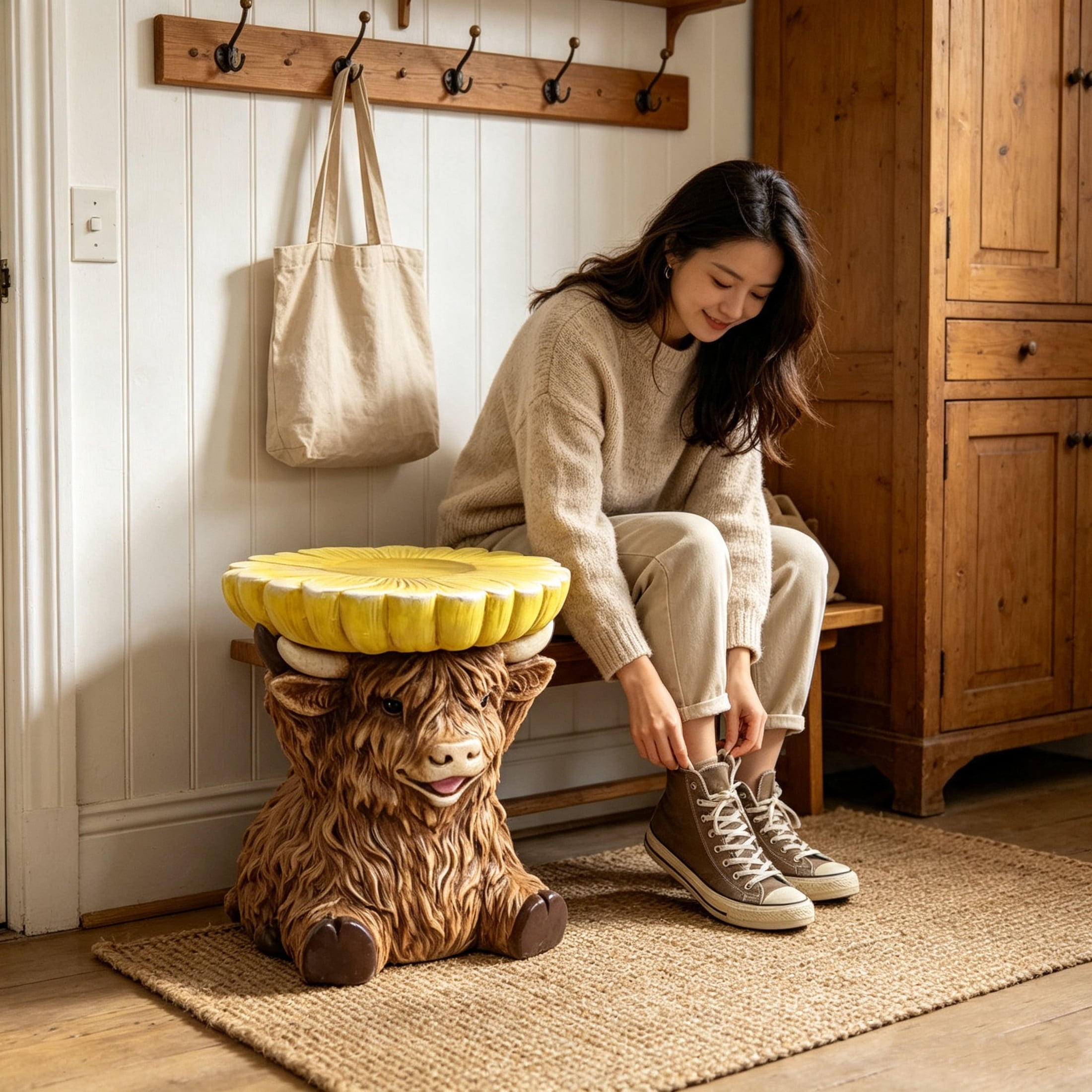 Noble House Highland Cow Stool, Cute Animal Side Table Decor, Outdoor Creative Figurine Seat for Patio, Garden, Brown
