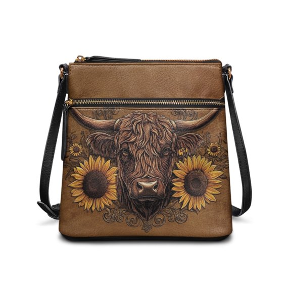 Tutolipy Highland Cow Sunflower Waterproof Crossbody Bag for Dating Everyday, Lightweight Fashion Ladies Shoulder Bag Durable Crossbody Purse