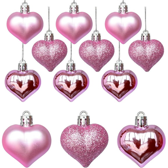 12Pcs Heart Ornaments Multi Finish Heart Baubles Hanging Ornaments for Valentine’s Day Decor Mother's Day Christmas Tree Wedding Anniversary Party Decoration