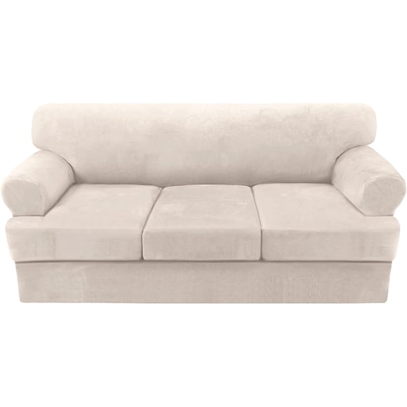 Set of 4 T Shape Cushion Stretch Sofa Covers Thick Velvet Sofa Covers for 2 Cushion Sofas, Ivory