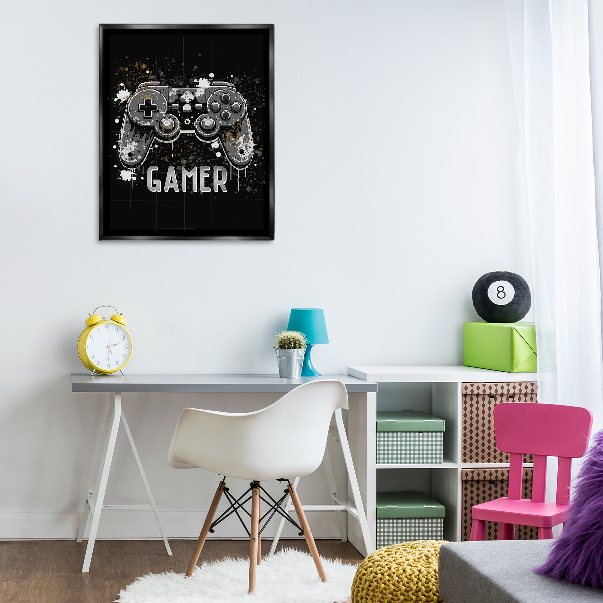 Stupell Industries Gamer with Modern Splash Entertainment Painting Black Floater Framed Canvas Art Print Wall Art, 25 x 31