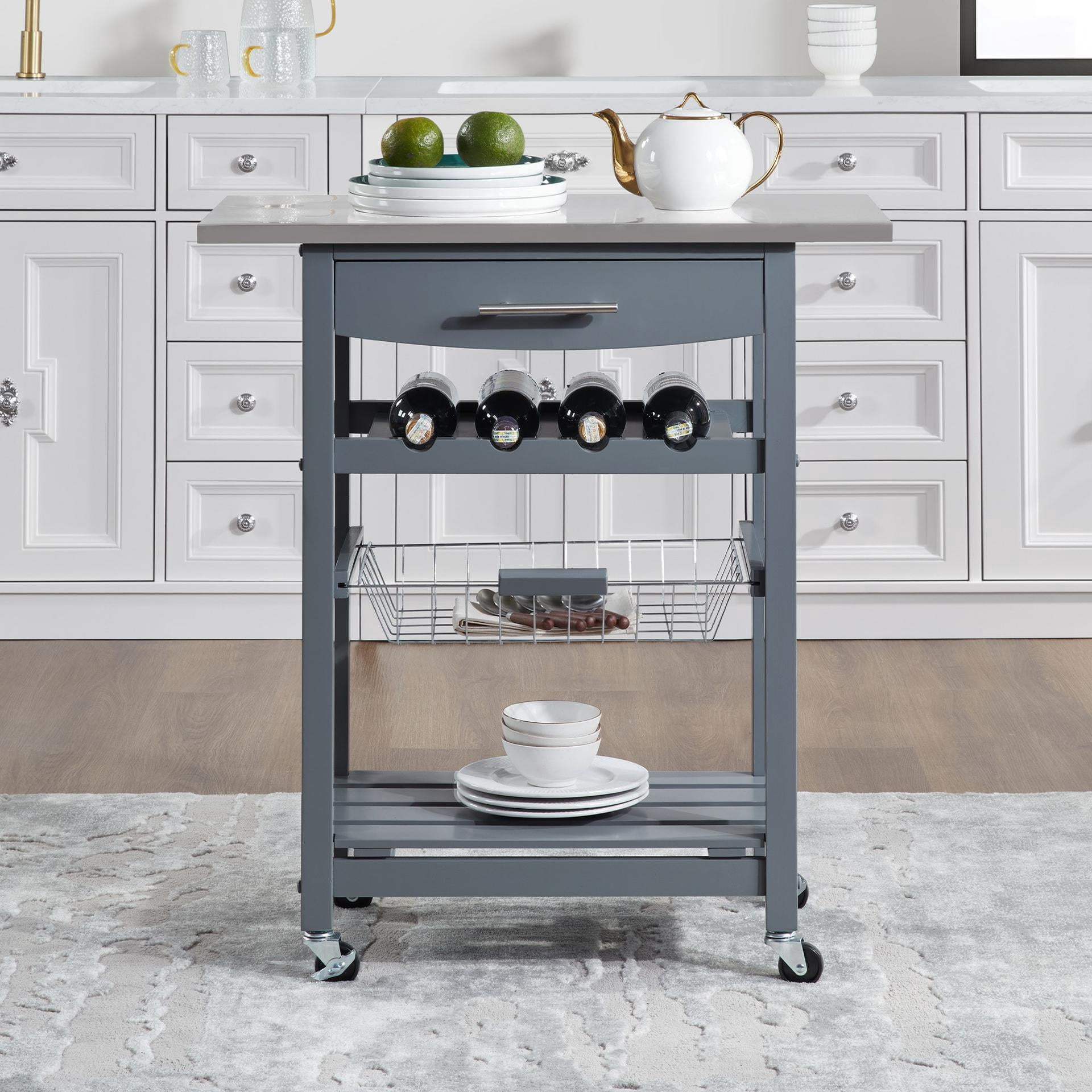 Mobile Rolling Kitchen Island Trolley Serving Cart with Underneath Drawer & Slide-Out Wire Storage Basket