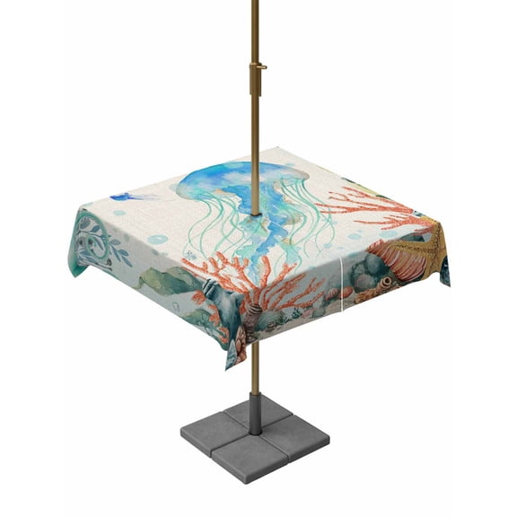 Outdoor Tablecloths with Umbrella Hole & Zipper, Jellyfish Coastal 60x60 Inch Square Tablecloths, Summer Nautical Starfish Coral Beige Waterproof Table Cloth, Patio/Pool/Picnic Table Covers