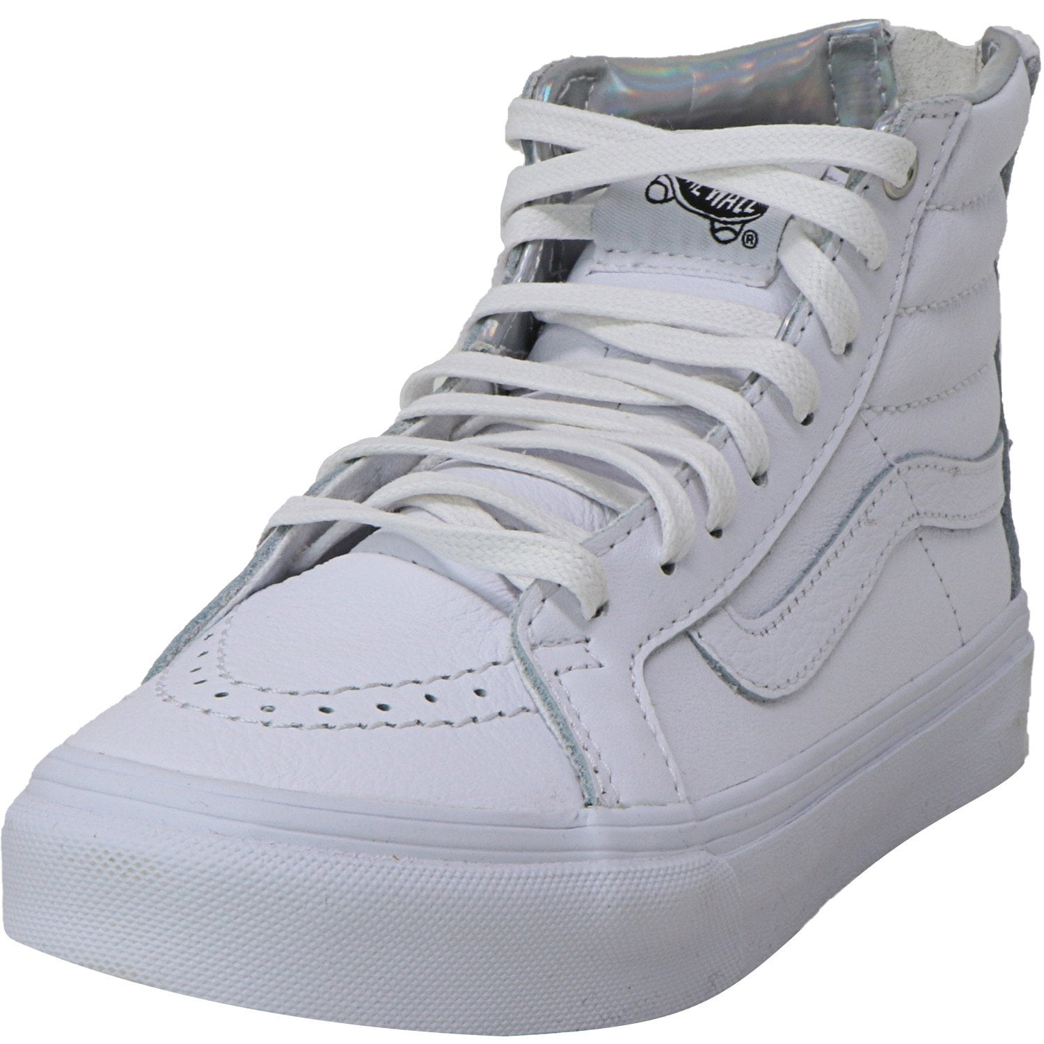 white leather vans with black stripe