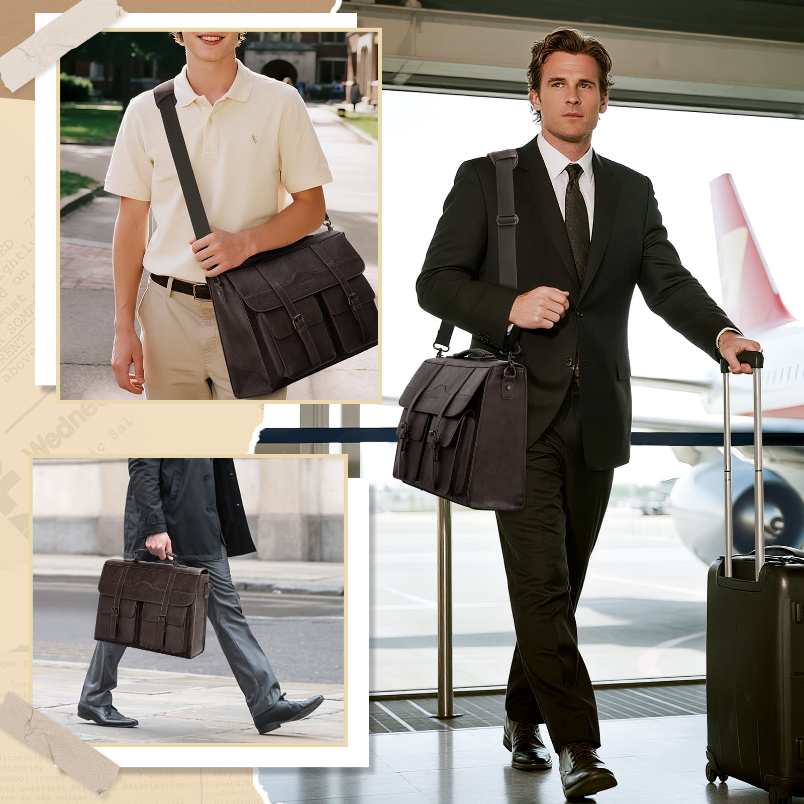 RAINSMORE Mens Messenger Bag 17 Inch Vintage Leather Laptop Bag Magnetic Closure Large Satchel Computer Briefcase Shoulder Bag,Coffee