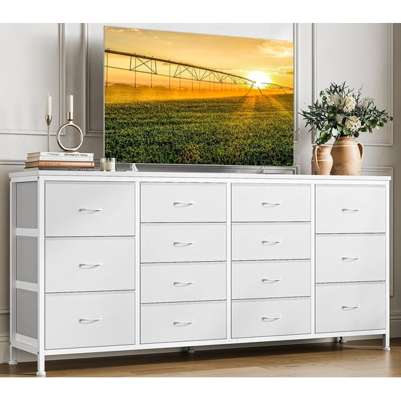 63" W White Long Fabric Dresser TV Stand with 14 Drawers, Power Outlets, for 65 70 75 Inch TVs, Entertainment Center for Bedroom Living Room Storage