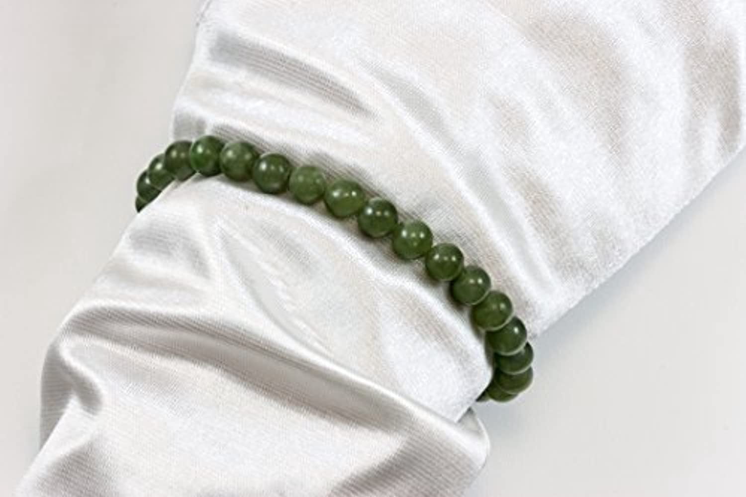 Jade Bracelet Green Nephrite Smooth Round Stones Stretch Style Adjustable, 7" Designed for Adult Women