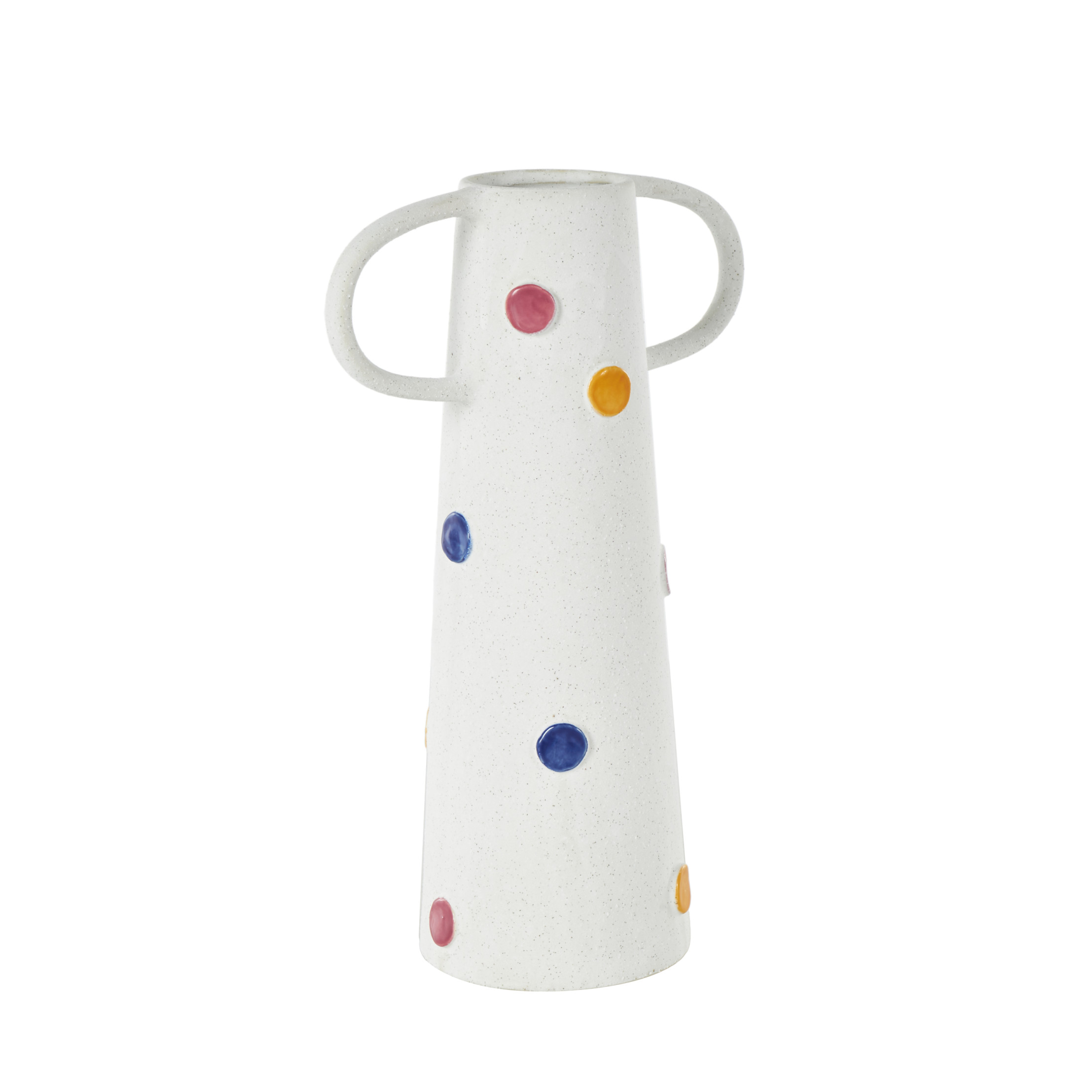 DecMode 16" Slim Cone White Ceramic Vase with Multicolor Spots and Handles