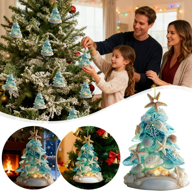 Adornos colgantes acrílicos navideños de estrellas de mar y conchas | Decoración navideña playera | Decoración para árboles y coronas | Detalles navideños costeros festivos