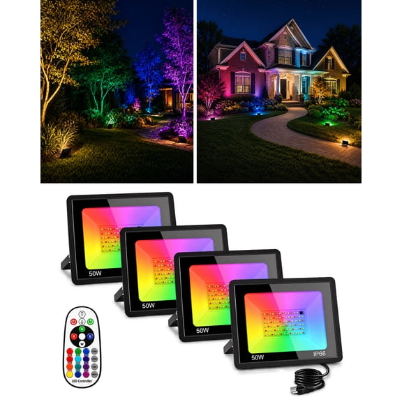 4 pack 50W RGBW LED Floodlights, 500W Equi Color Changing with Remote, Multicolor Waterproof Landscape Lights for Wall Decor, Halloween, Garden, Party