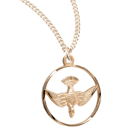 16kt Plated Sterling Silver Holy Spirit Medal – Sterling Open Circle with Dove – 18" Gold Plated Stainless Steel Chain Necklace - Made in USA - Deluxe Velvet Gift Box