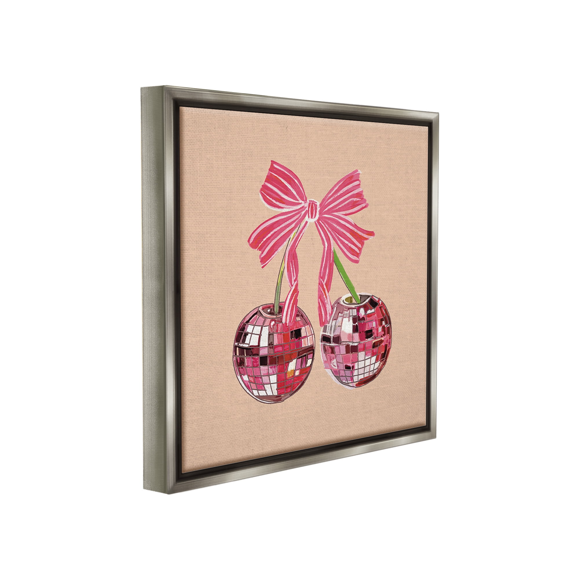 Stupell Industries Cherries with Pink Bow Food & Beverage Painting Gray Floater Framed Canvas Art Print Wall Art, 25 x 25