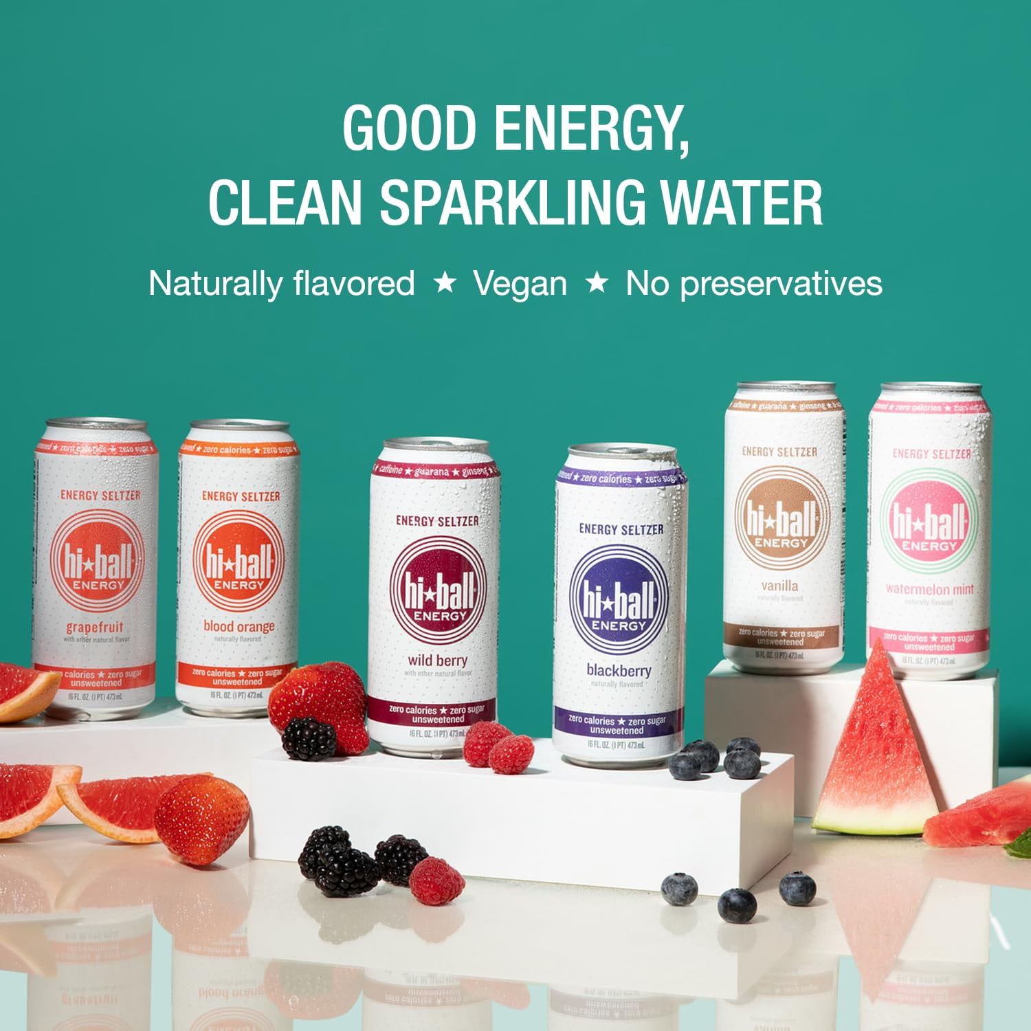 Hiball Clean Energy Drink, Zero Sugar Caffeinated Seltzer Water, Blackberry, 16 Fl Oz, 12 Pack