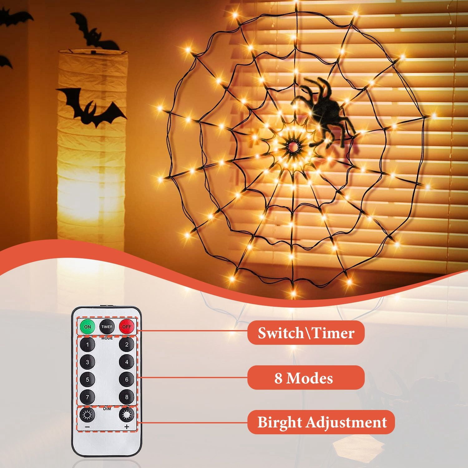Halloween Spider Web Light 3.28FT with Remote Control 8 Modes 70 LED IP44 for Indoor Outdoor Party Decor