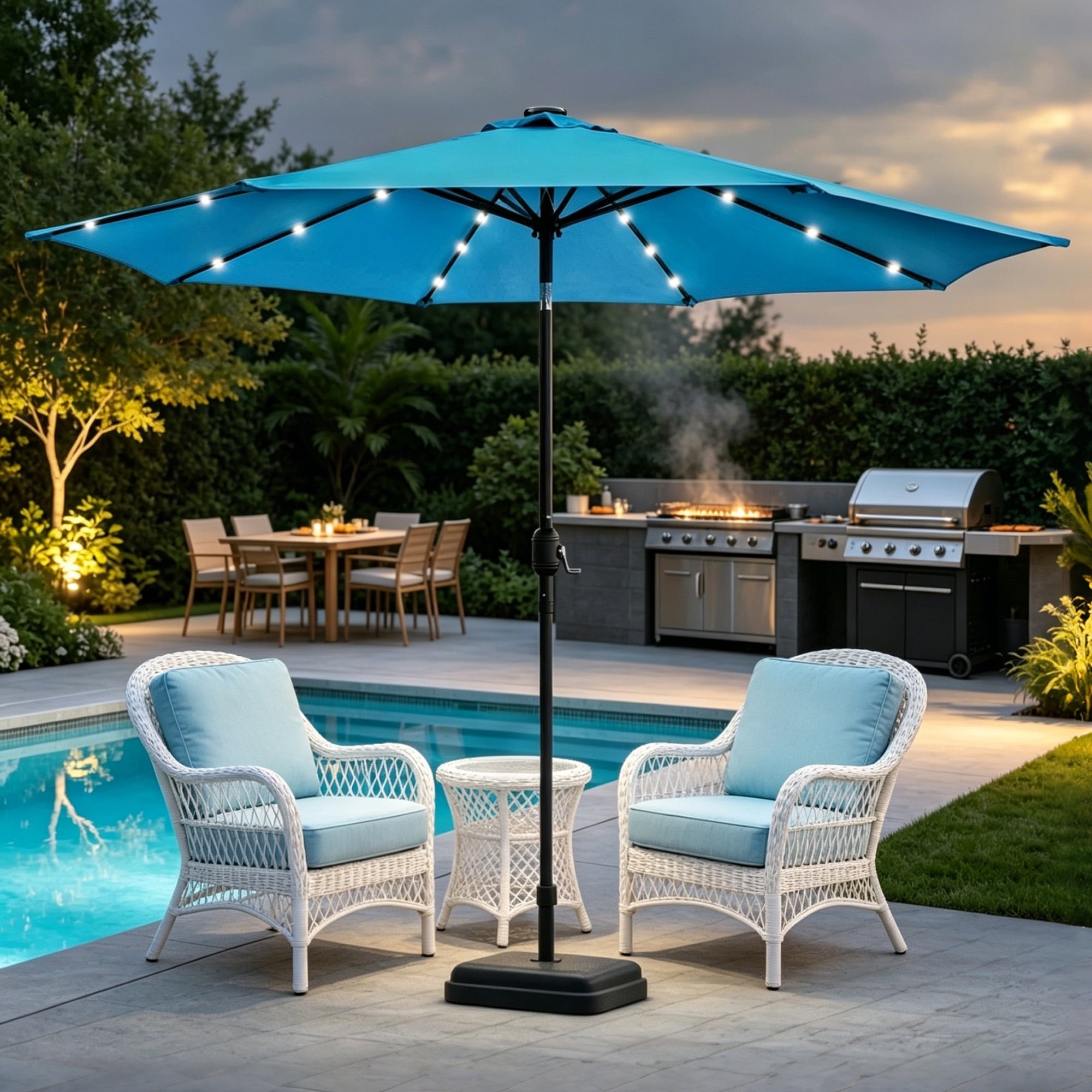 Kool Outdoor 9ft Solar LED Lighted Market Patio Umbrella with Crank and Tilt - Aqua