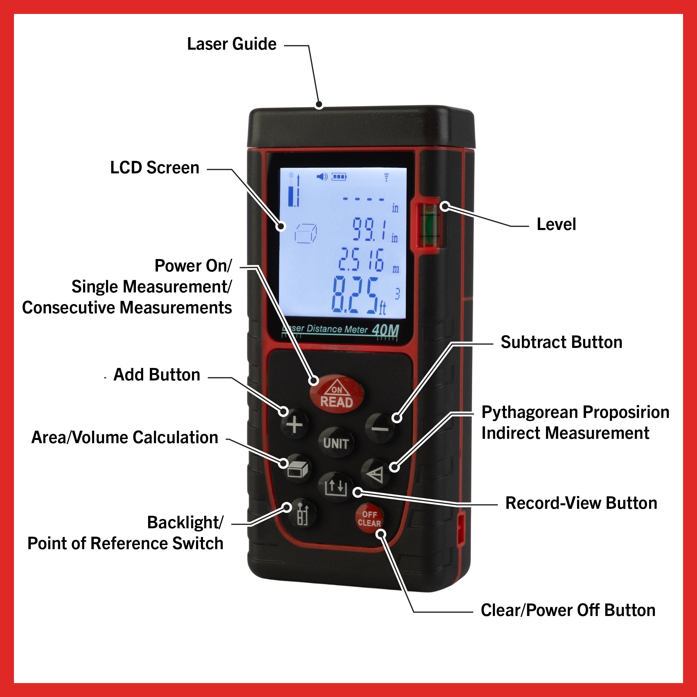 Stalwart Laser Measure Tool with 130FT Live Measuring and Backlit Display