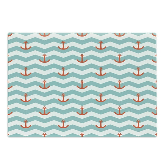 Anchor Cutting Board, Simple Pattern Anchor Stripe Art Welcoming Wavy Water Tiled Surface, Decorative Tempered Glass Cutting and Serving Board, Large Size, Turquoise Red, by Ambesonne