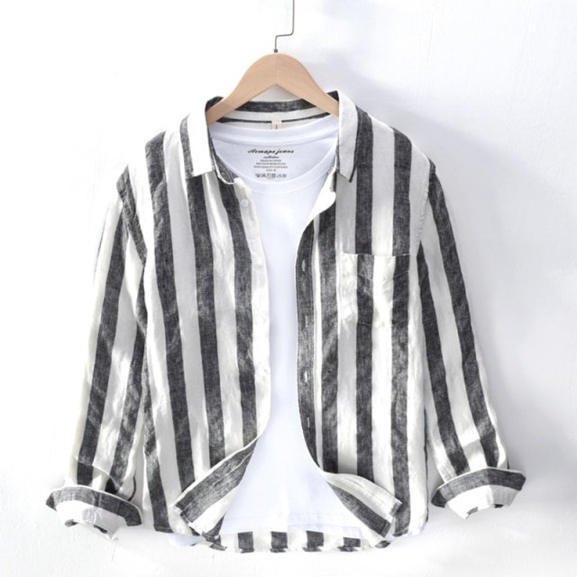 REDHOTYPE Chemises en Lin Pur pour Hommes Manches Longues Col Rabattu Décontracté Hauts Classiques Basiques Mode Masculine Couleur Unie Vêtements Rétro