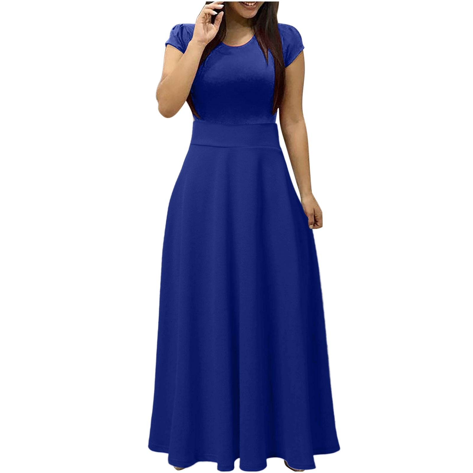 Blvb Short Sleeve Dress For Women Crewneck High Waist Solid Color Full Length A Line Maxi Dress Casual Party Evening Dress Blue