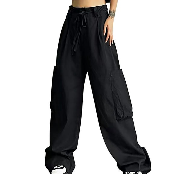 Enjoytime Cargo Pants for Women Fashion Drawstring Elastic High Waist Wide Leg Pants Casual Loose Vintage Plus Size Trousers Black XL