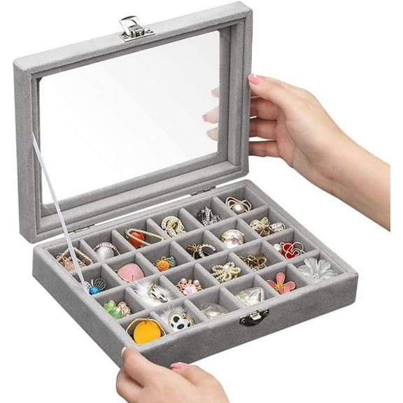 BUZIFU Velvet Jewellery Box 24 Grids Velvet Glass Jewellery Ring Display Organiser Box Earrings Storage Box Adjustable Storage Grids Glass Lid Jewellery Organiser for Ring Earring Necklace