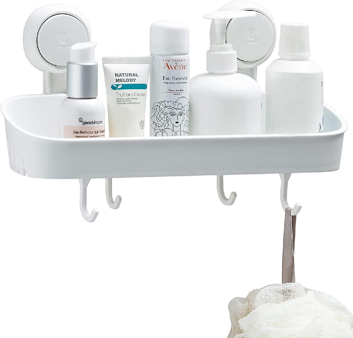 Suction Shower Caddy With 4 Hooks, Bathroom Shower Basket Wall Mounted