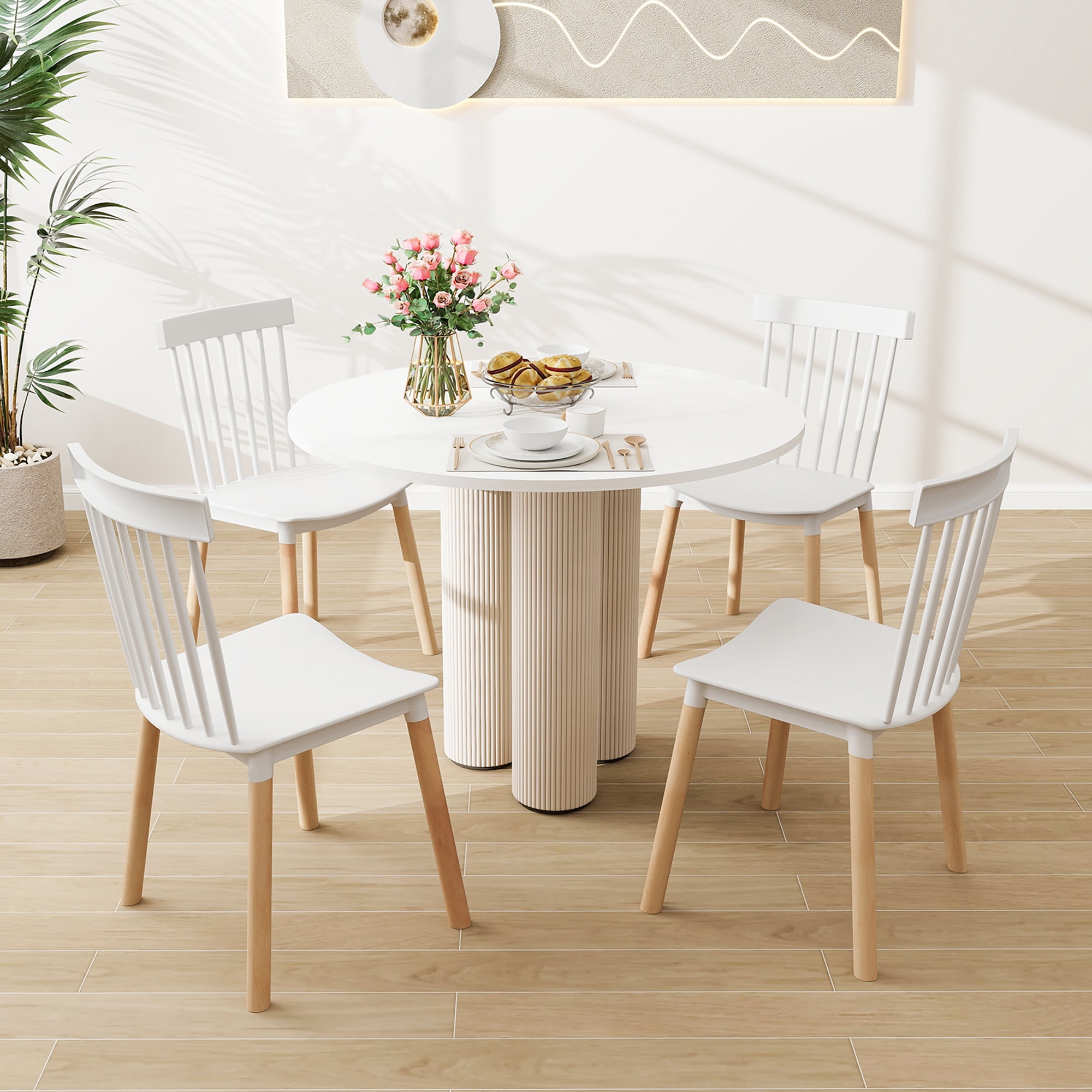 Gymax Set of 4 Windsor Dining Chairs Dining Chairs w/ Spindle Backs & Curved Seats White