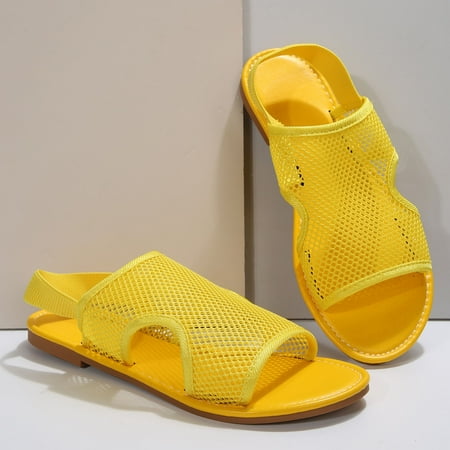 Value for Money  Women s Mesh Flat Sandals  Large Size  Breathable Elastic  Casual Beach Shoes  Summer Comfort  Walk-All-Day  Supportive Footbed  Women s Tops Plus Size | Yellow 37 | Sopatenor