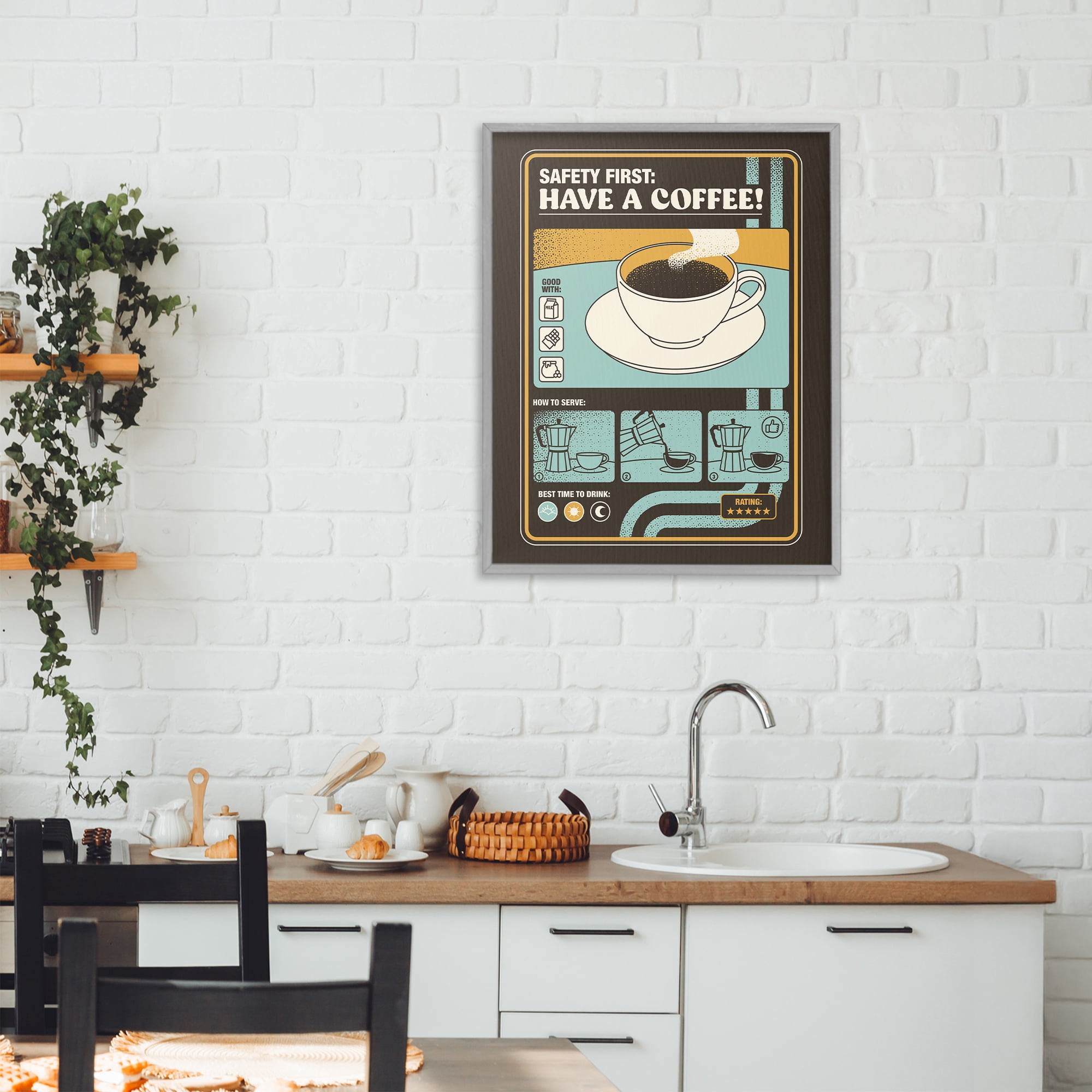 Stupell Industries Safety First Have A Coffee Gray Framed Giclee Art, design by Tobe Fonseca
