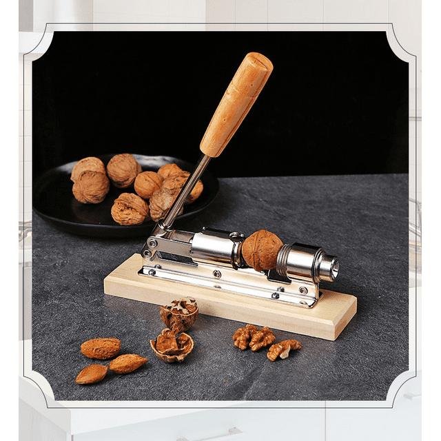 Heavy Duty Pecan Nut Cracker Tool Stainless Steel Nutcracker Manual Mechanical Pecan Nut Walnut Desktop Wood Base Handle for Home