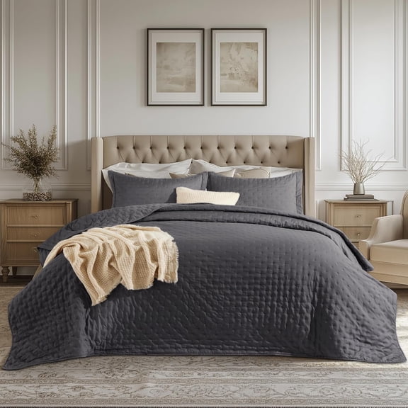 Cal King Lightweight Quilt Bedspread in Charcoal with Clover Pattern 111x106 in