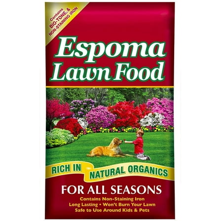 Espoma Lawn Food for All Seasons. Rich in Natural Organics 15-0-5 analysis; 40 lbs. covers up to 12,000 square feet. Bio-tone formula with Slow Release Nitrogen and Non-Staining Iron.