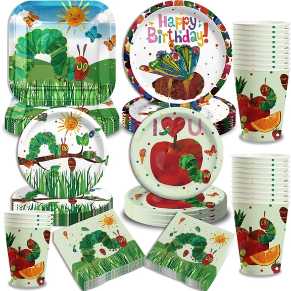 Caterpillar Birthday Party Supplies Green Insect Plates Napkins Cups Disposable Tableware Set Hungry Bug Party Decoration for Kids Birthday Baby Shower Serve 24
