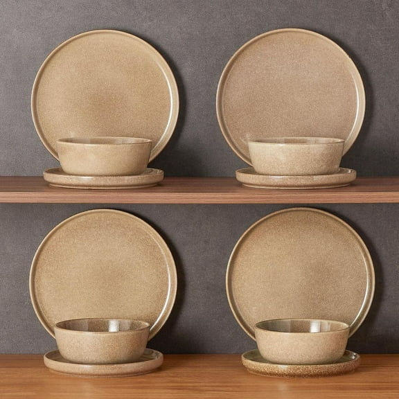 12-Piece Tan Caramel Porcelain Dinnerware Set Service for 4-Dishware Set Bowls and Plates Dinner Set for Kitchen Dining