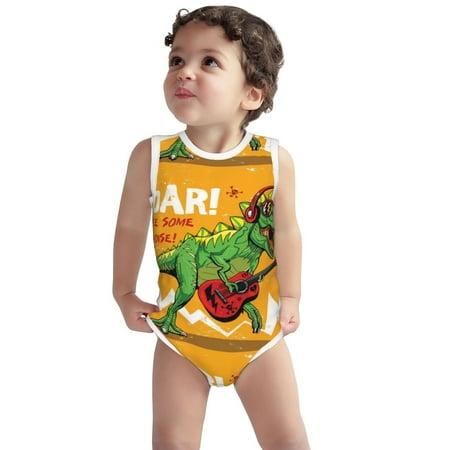 

Vsdgher Cool Dinosaur Playing Guitar Print Baby Unisex Baby Cotton Sleeveless Bodysuits Soft and velvety comfortable and breathable