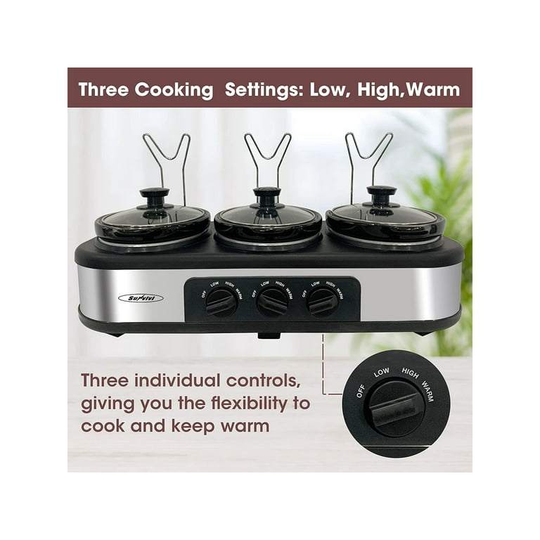 Superjoe Triple Slow Cooker, 3x1.5 Quart Electric Slow Cooker Buffet  Server, Food Warmer Cooking Pot, Adjustable Temp Removable Ceramic Pots Lid  Rests 