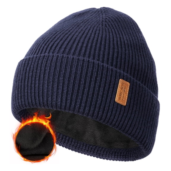 Wool Fleece Lined Beanie Winter Hats for Men Women, Warm Thermal Kint Cap for Outdoor(Navy Blue)