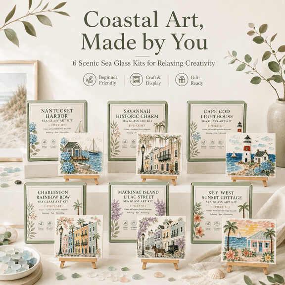 Timeless American Destinations Sea Glass Art Kit, Complete DIY Mosaic Kit for Adults and Beginners with Adhesive, Tweezers and Guide, Coastal Landmark Decor, 1 Selected Style