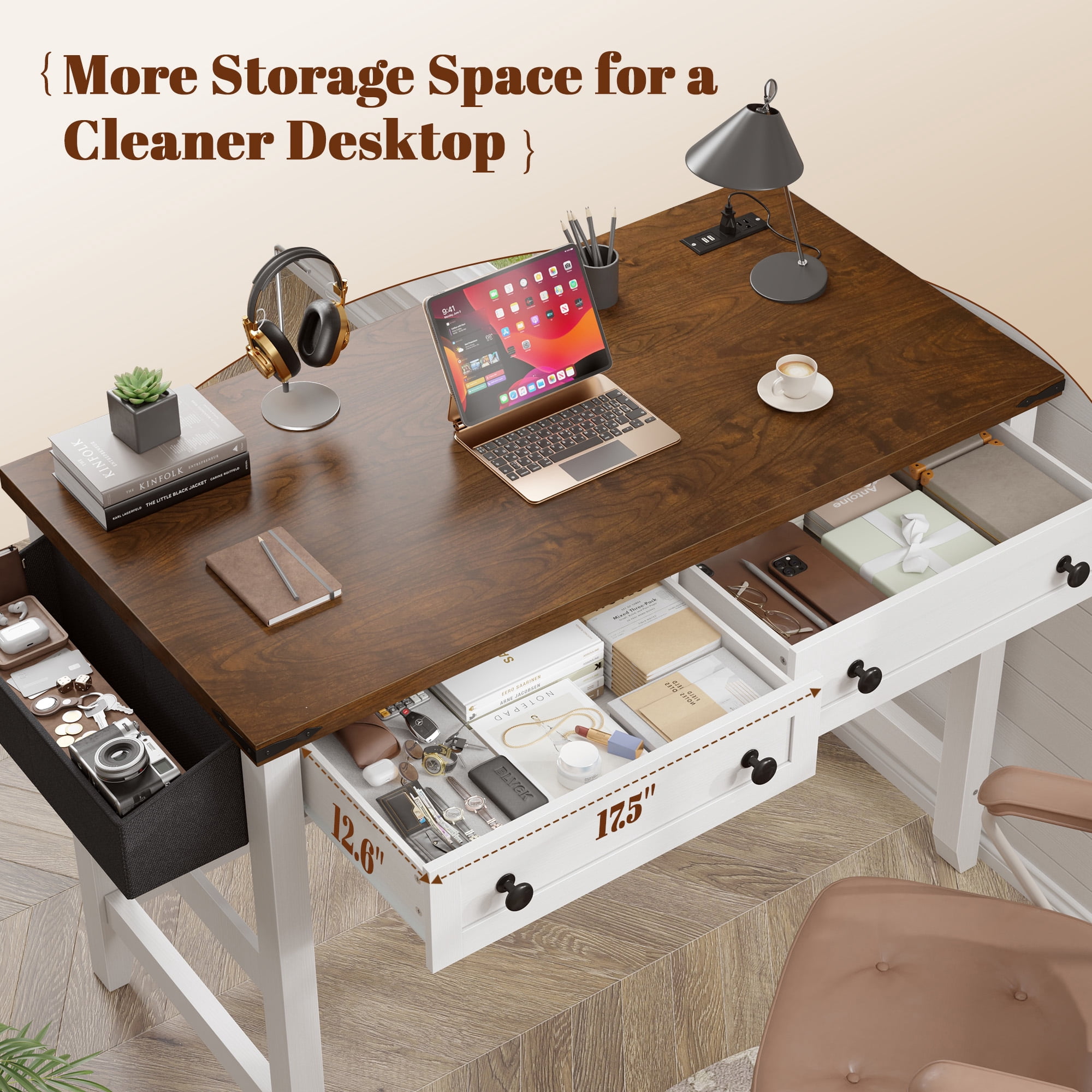 Romorgniz 32"Small Desk with USB Ports&Outlets,Farmhouse Desk with Drawers&Side Storage for Dorm, Bedroom, Vanity,Study Writing Table