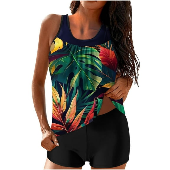 aohooy Tankini Swimsuits for Women Plus Two Piece Bathing Suits Summer Swim Tank Top with Graphic Boyshorts Swimwear Sets Blue,XL